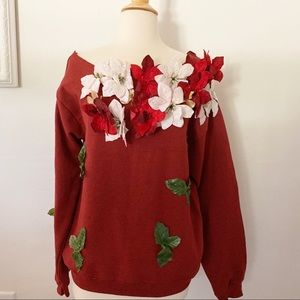 Upcycled Ugly Christmas Sweatshirt Poinsettia Red